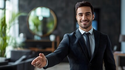 A smiling man in a suit extends his hand for a handshake