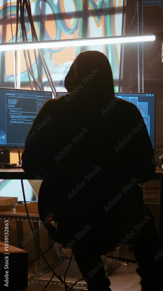 Poster vertical video hacker arrives in messy base of operations with neon lights and graffiti drawings spr