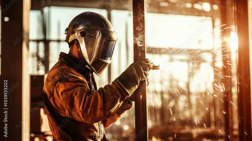 Poster a welder in protective gear and helmet, holding a welding mask and standing in front of a metal fram