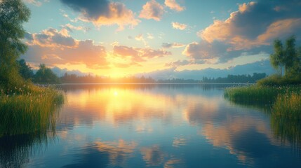 Fototapeta premium Serene lakeside sunset with vibrant reflections and lush greenery.