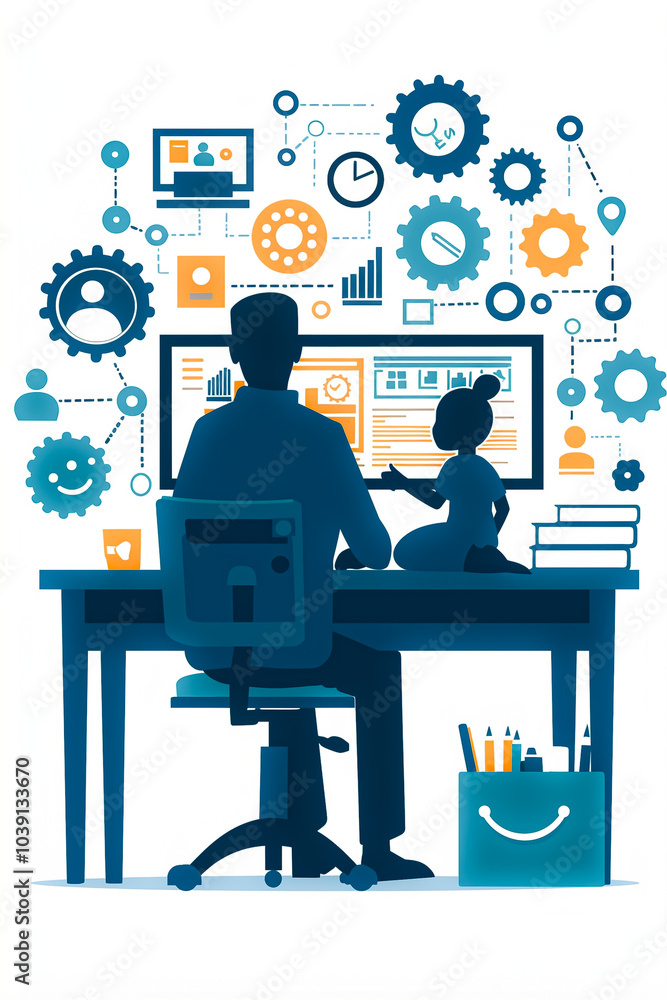 Poster a man and a child are sitting at a desk with a computer monitor in front of them