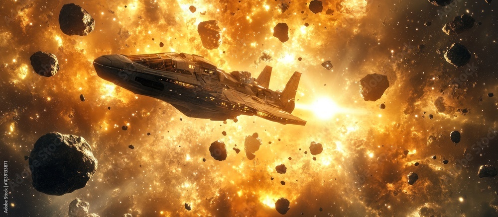 Wall mural a futuristic spaceship flies through a field of asteroids and debris in a nebula.