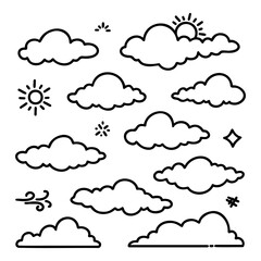 illustration of a collection of doodle clouds on a white background.