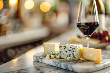 Elegant cheese and wine pairing scene with brie, gouda, blue cheese, cheddar on a marble board and a glass of red wine.