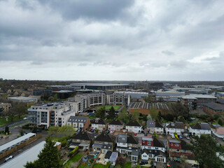 high Angle View of Buildings at Central Borehamwood London City of England United Kingdom. April 4th, 2024, Aerial View Was Captured with Drone's Camera From High altitude During Cloudy and Windy Day.