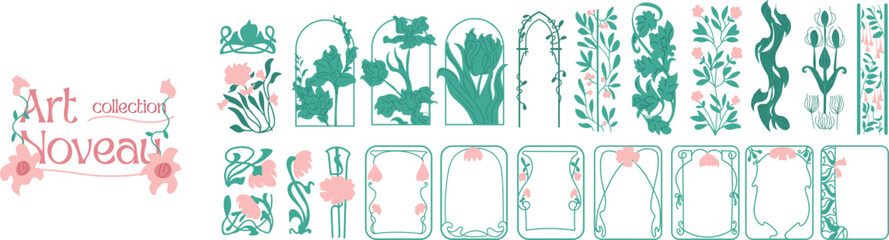 Set of green-themed ornaments in Art Nouveau and Victorian Art Deco styles, hand-drawn with elegance, presented as vector art.