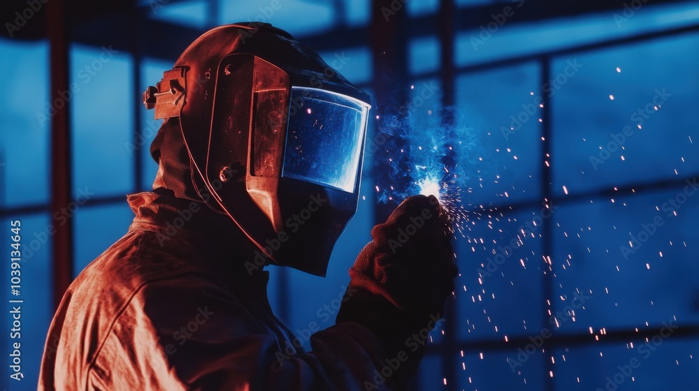 Poster a welder in protective gear and helmet, holding a welding mask and standing in front of a steel fram