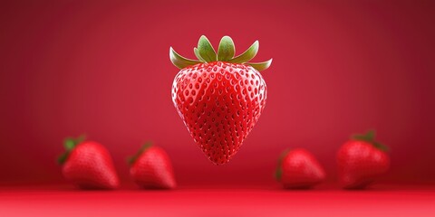 A single strawberry levitates above a red background with three other strawberries blurred in the background.