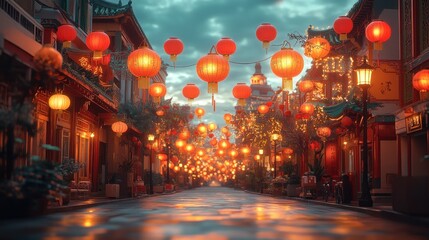 A vibrant street adorned with glowing lanterns at dusk.