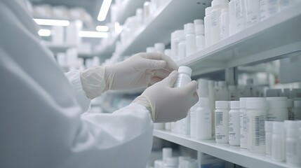 Pharmacist with gloves checking and organizing medicine bottles on pharmacy shelves, maintaining medical inventory.