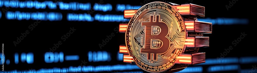 Poster bitcoin cryptocurrency symbol with digital numbers in the background, representing blockchain techno