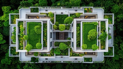 Aerial view of a modern building surrounded by greenery, highlighting eco-friendly architecture.