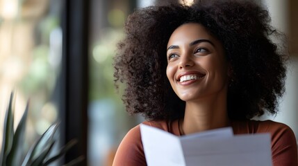 A Young Woman with Curly Hair Smiling and Looking Up While Holding a White Paper