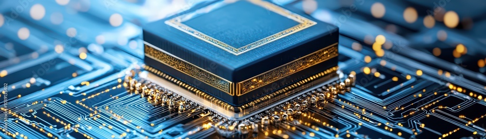 Poster close-up of a modern microprocessor on a circuit board, showcasing intricate details and advanced te