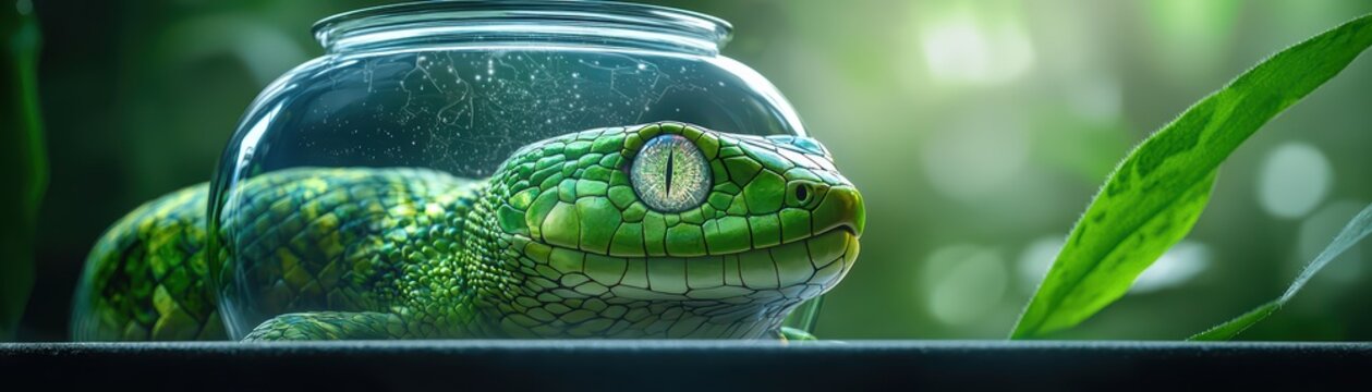 Close-up of a vibrant green frog beside a glass bowl surrounded by lush foliage.