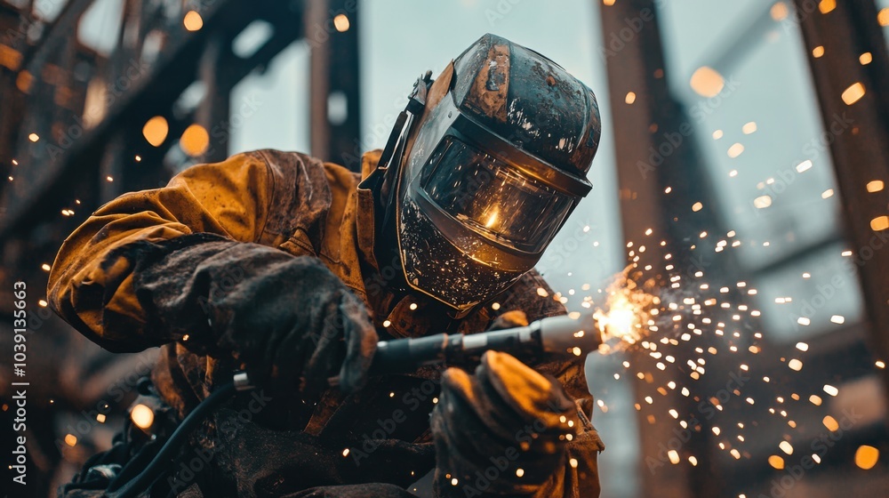 Poster a welder in protective gear and helmet, holding a welding torch and standing in front of a metal fra