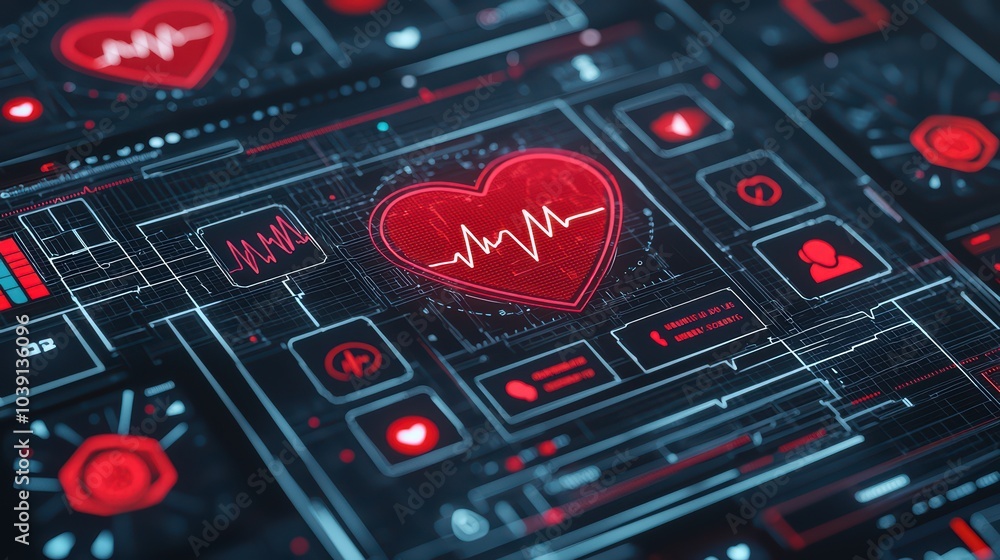 Aufkleber digital heart rate monitor with red heart icon and pulse graph on dark background.