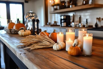 Fototapeta premium A cozy kitchen scene featuring pumpkins, candles, and wheat, perfect for autumn decor and festive ambiance.