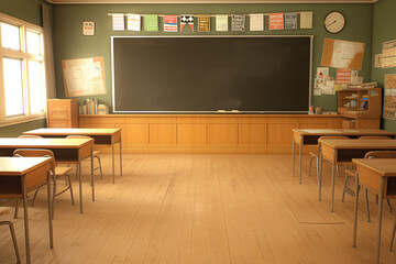 A classroom with a blackboard and a clock on the wall