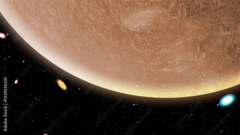 Poster Planet Rotating Close up 4K Animation with Milkyway and stars in the background. Concert screen backdrop animation concept