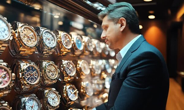 A man examines luxury watches in a display case.