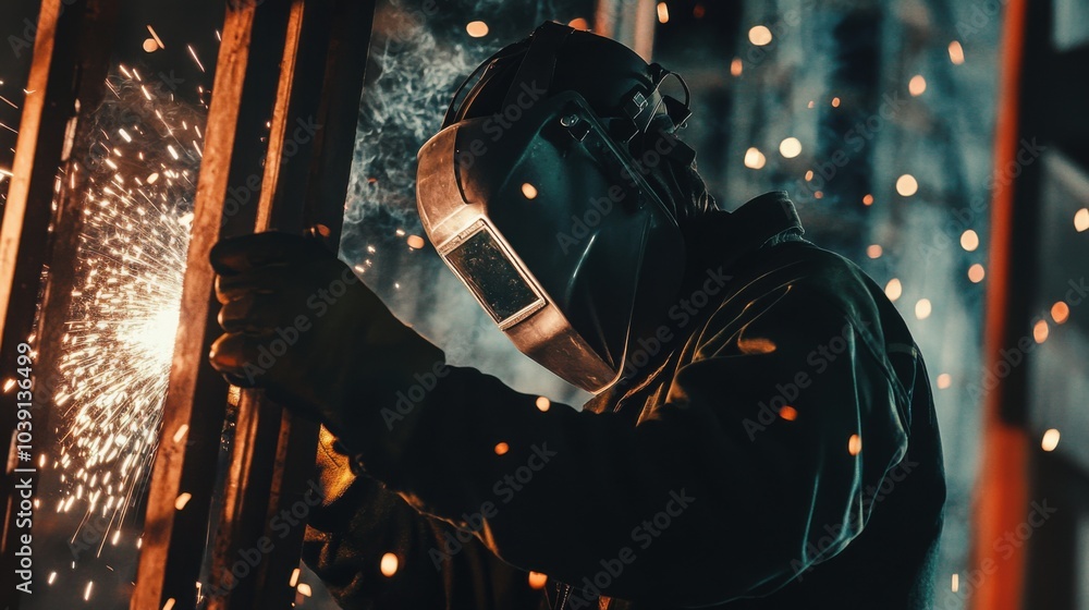 Poster a welder in protective gear and helmet, holding a welding torch and standing in front of a steel fra