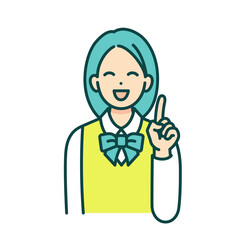 学生服姿の女の子が正面を向いて指を指す線画イラスト素材。