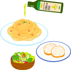 パスタ、サラダ、パンとオリーブオイル