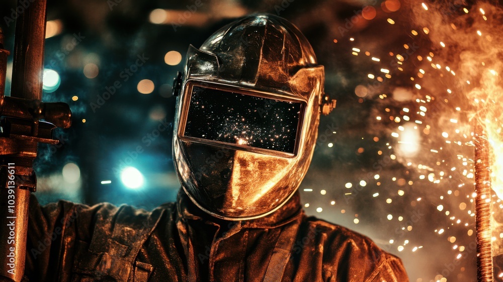 Poster a welder in protective gear and helmet, holding a welding torch and standing in front of a steel fra