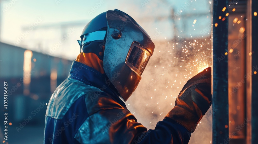 Poster a welder in protective gear and helmet, holding a welding torch and standing in front of a steel fra