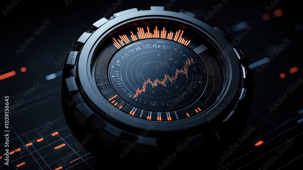 Poster futuristic data visualization display showcasing analytics in black and orange colors.