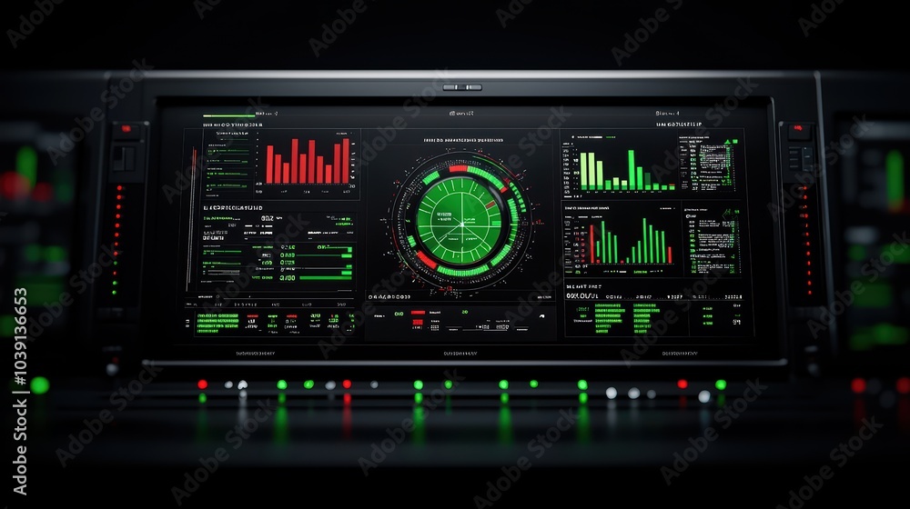Poster futuristic digital dashboard with green and red data visualizations on a black background.
