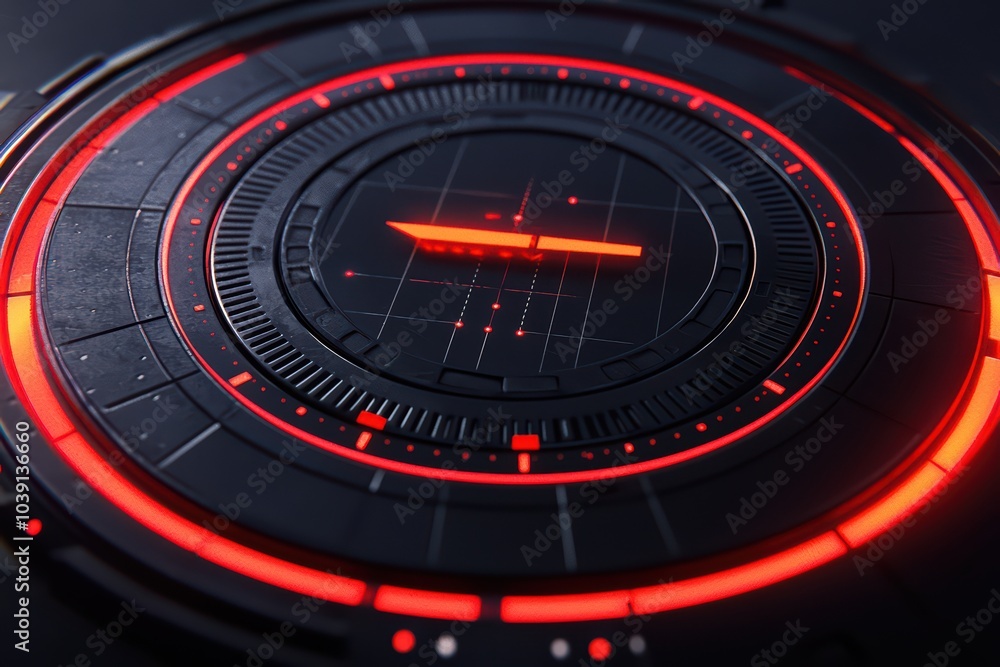 Poster futuristic digital interface with glowing red elements on a dark background.