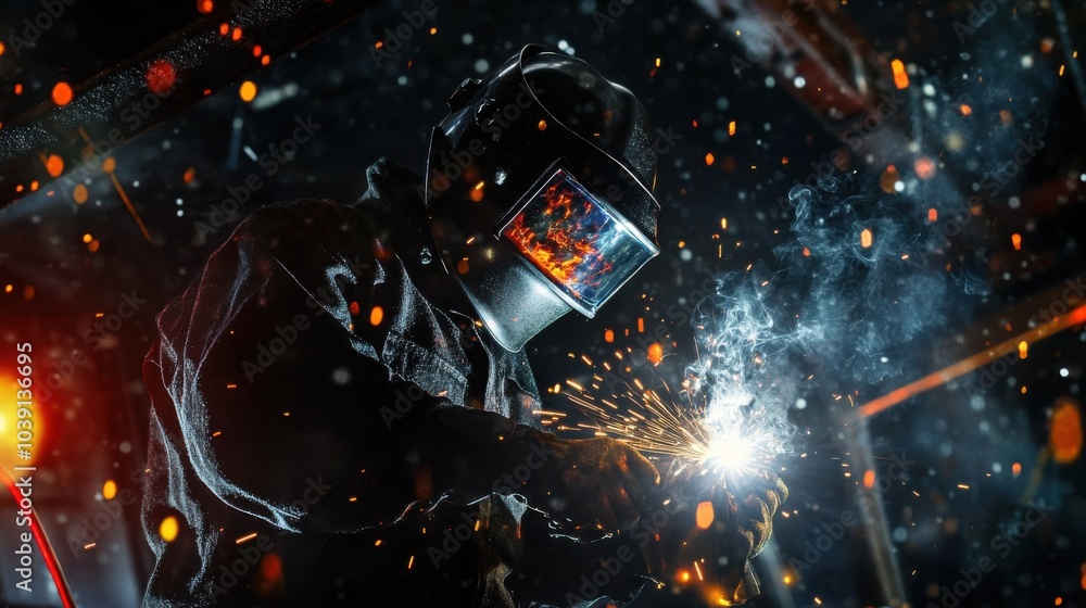 Aufkleber a welder in protective gear and helmet, holding a welding torch and standing in front of a steel fra