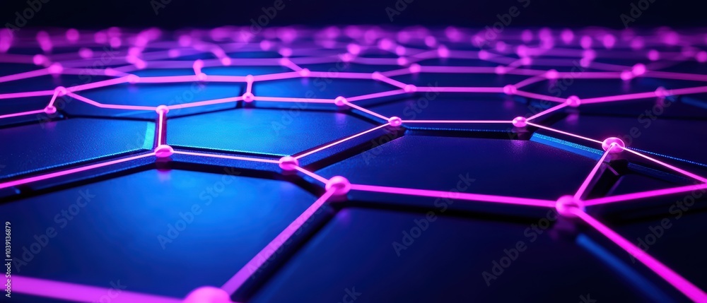 Poster futuristic network pattern with glowing pink nodes on a dark surface.