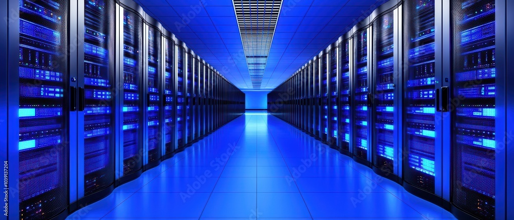 Poster high-tech data center with rows of servers and blue lighting, showcasing modern it infrastructure.