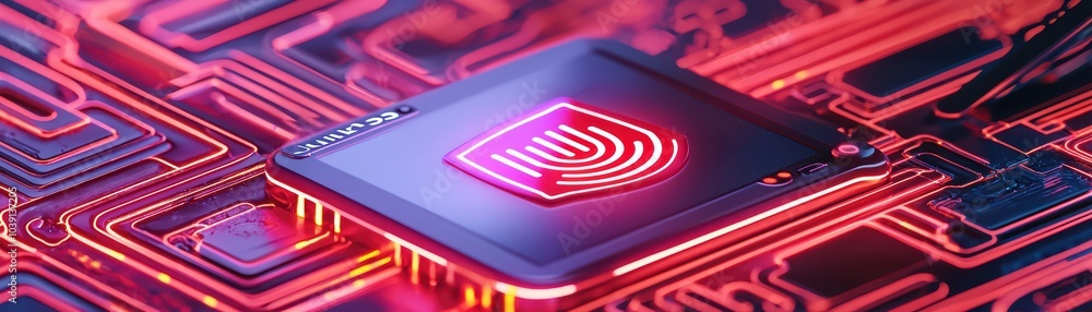 Poster high-tech microchip on circuit board with vibrant lights and details, isolated view.