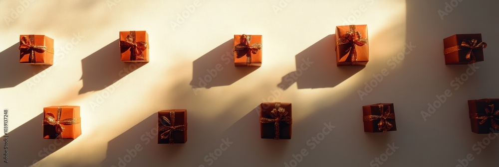 Aufkleber silhouette gift boxes arranged on a light surface, casting interesting shadows that enhance the fest