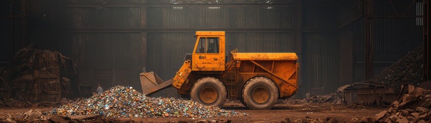Obraz premium Heavy machinery working in a recycling facility, surrounded by piles of sorted materials, dimly lit environment.