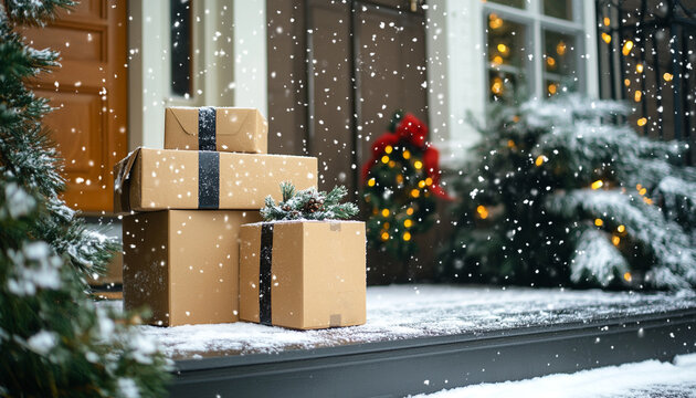 Cardboard boxes and snow falling on a porch decorated christmas lights and decorations, banner image with copy space	