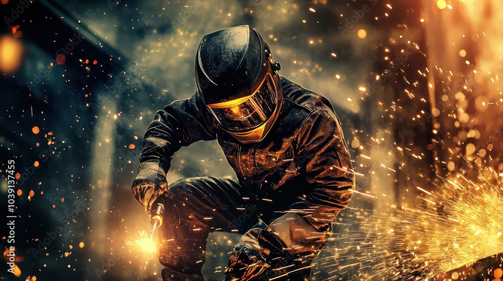 Poster a welder in protective gear and helmet, holding a welding torch and standing in front of a steel str