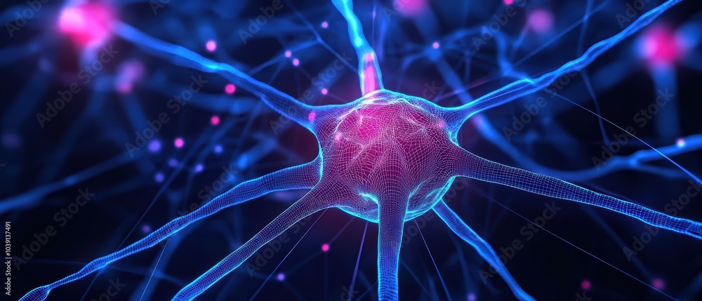 Poster intricate visualization of a neuron with glowing connections, set against a dark background.