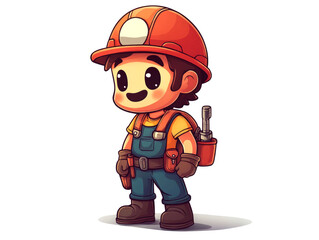 Fototapeta premium A cartoon illustration of a happy construction worker wearing a hard hat, overalls, and a tool belt.