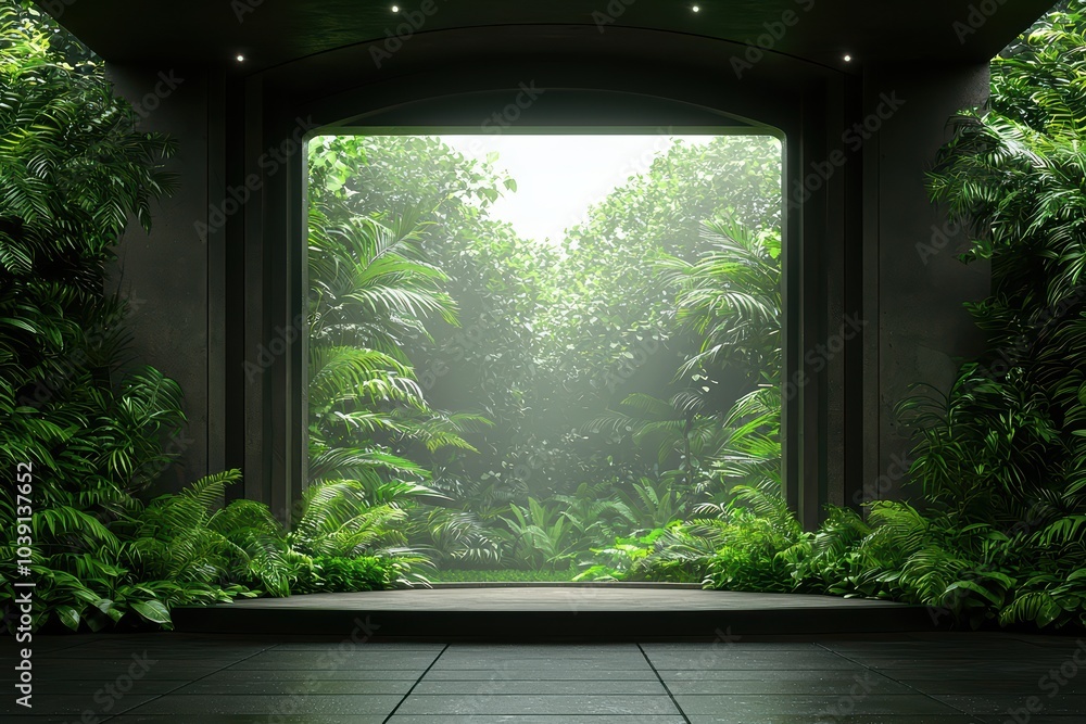 Poster lush greenery view through a modern architectural frame with natural light filtering in.
