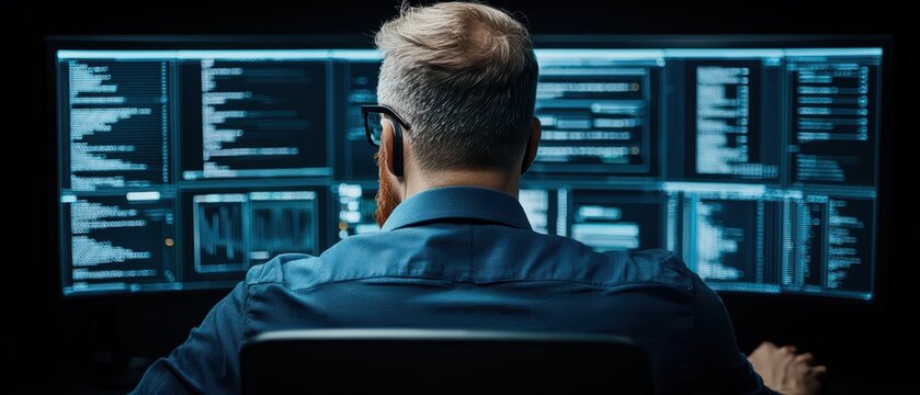 Man working on multiple computer screens displaying code and data in a dark environment.