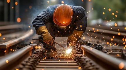 Welder Working on Railway Tracks with Sparks Flying – Skilled Industrial Welding Work in an Active Construction Site.