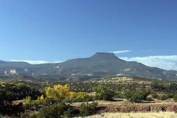 View of Cerro Pedernal, a distinctive northern New Mexico landmark, from the edge of Cañones Creek