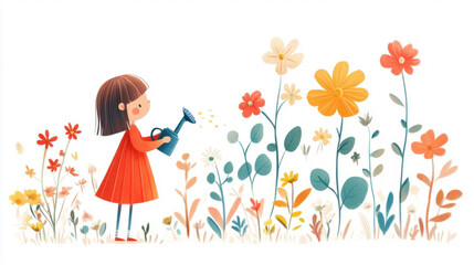 A cute drawing of a character watering seeds of thought, which grow into colorful flowers labeled as actions, habits, and character, leaving space for text