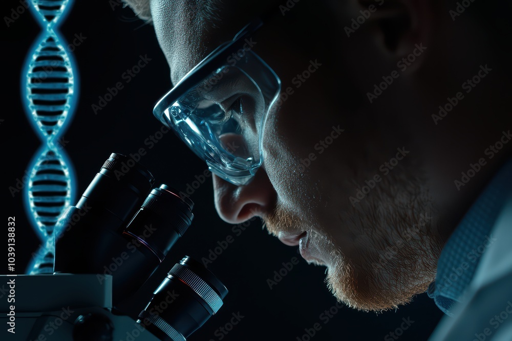 Poster scientist observing dna structure through a microscope in a dark laboratory.