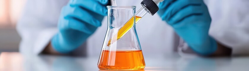 Scientist in lab coat using pipette to add orange liquid to flask, laboratory setting, focus on hands.